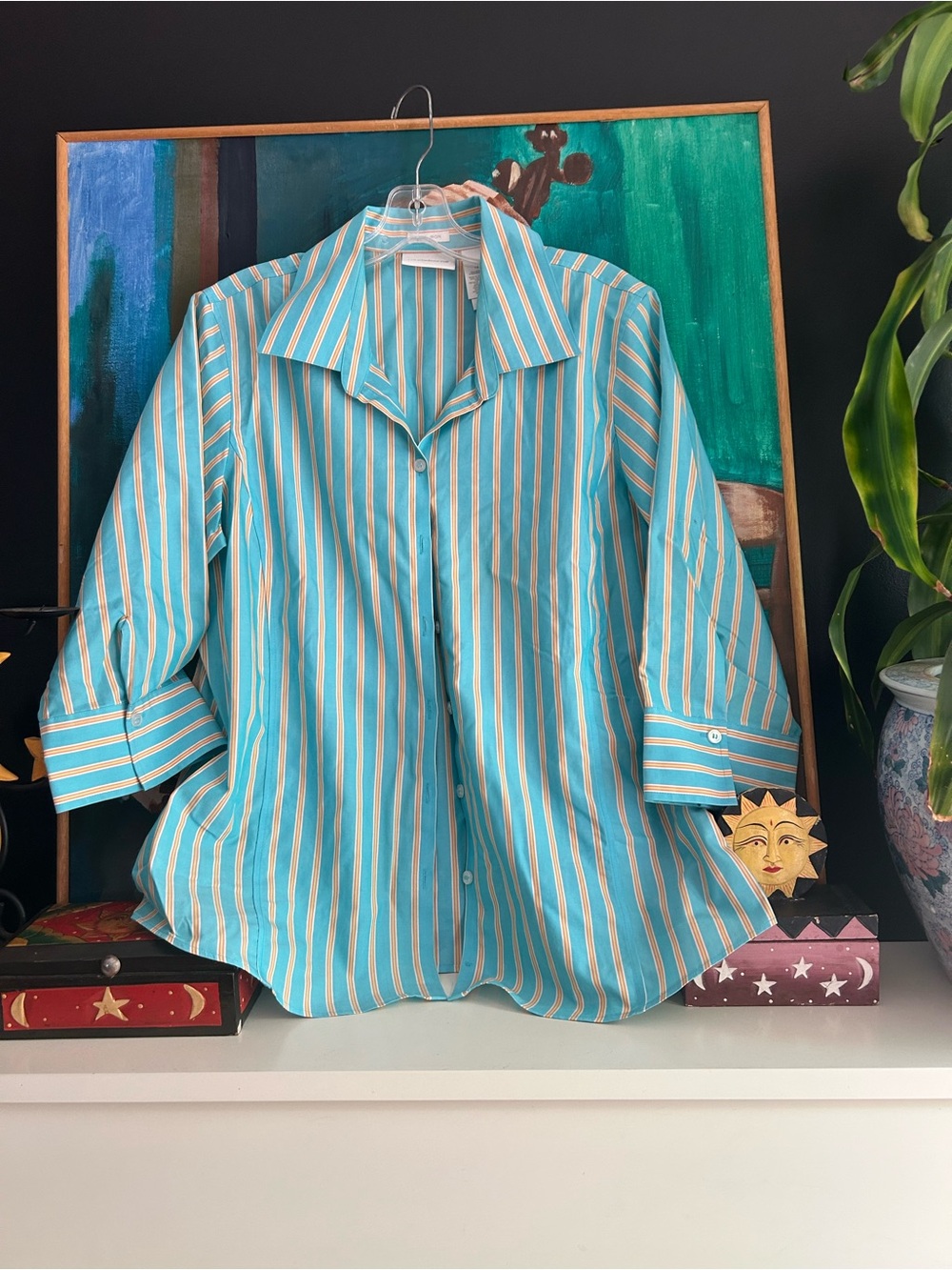 Liz Claiborne Striped Button Up Shirt Womens 14 Teal Blue White Long Sleeve